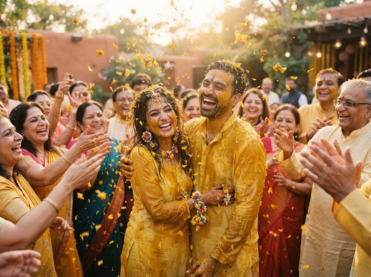 Bride and groom covered in turmeric as family shower marigold petals