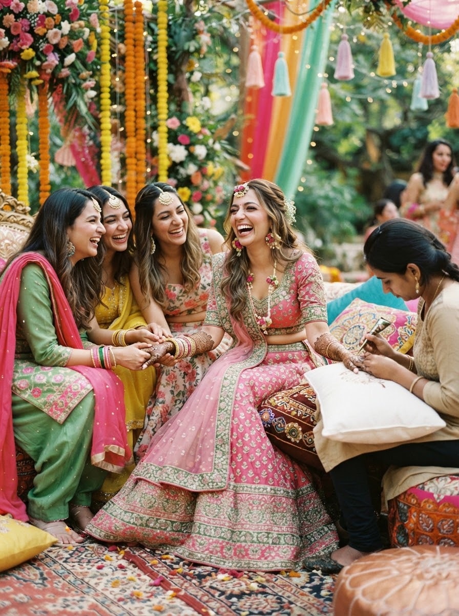 Bride laughing with friends as henna is applied to her hands
