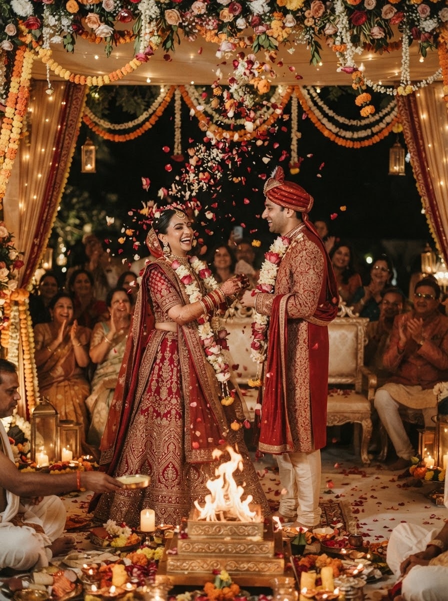 Couple exchanging varmala garlands beside the sacred fire
