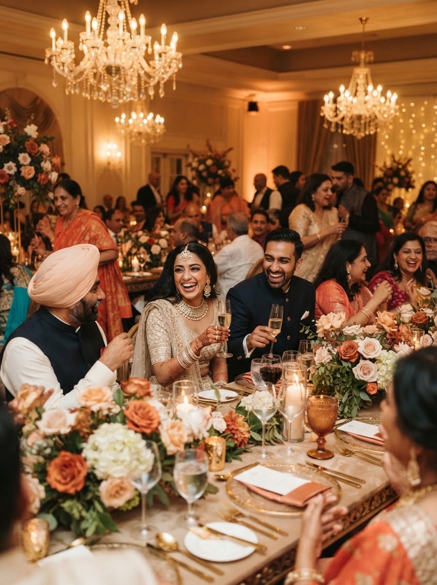 Couple laughing with guests at an evening reception dinner