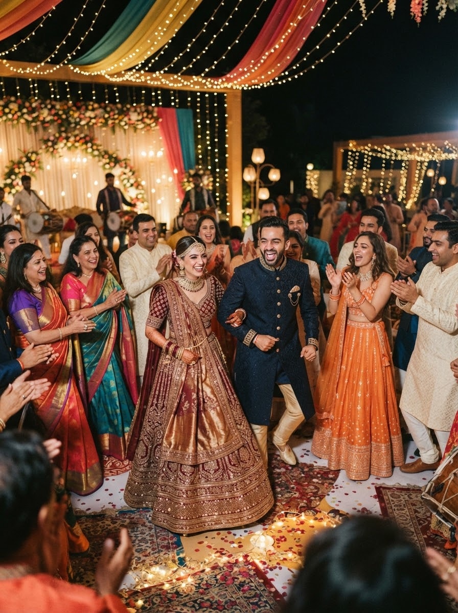 Couple and family dancing under fairy lights at the sangeet