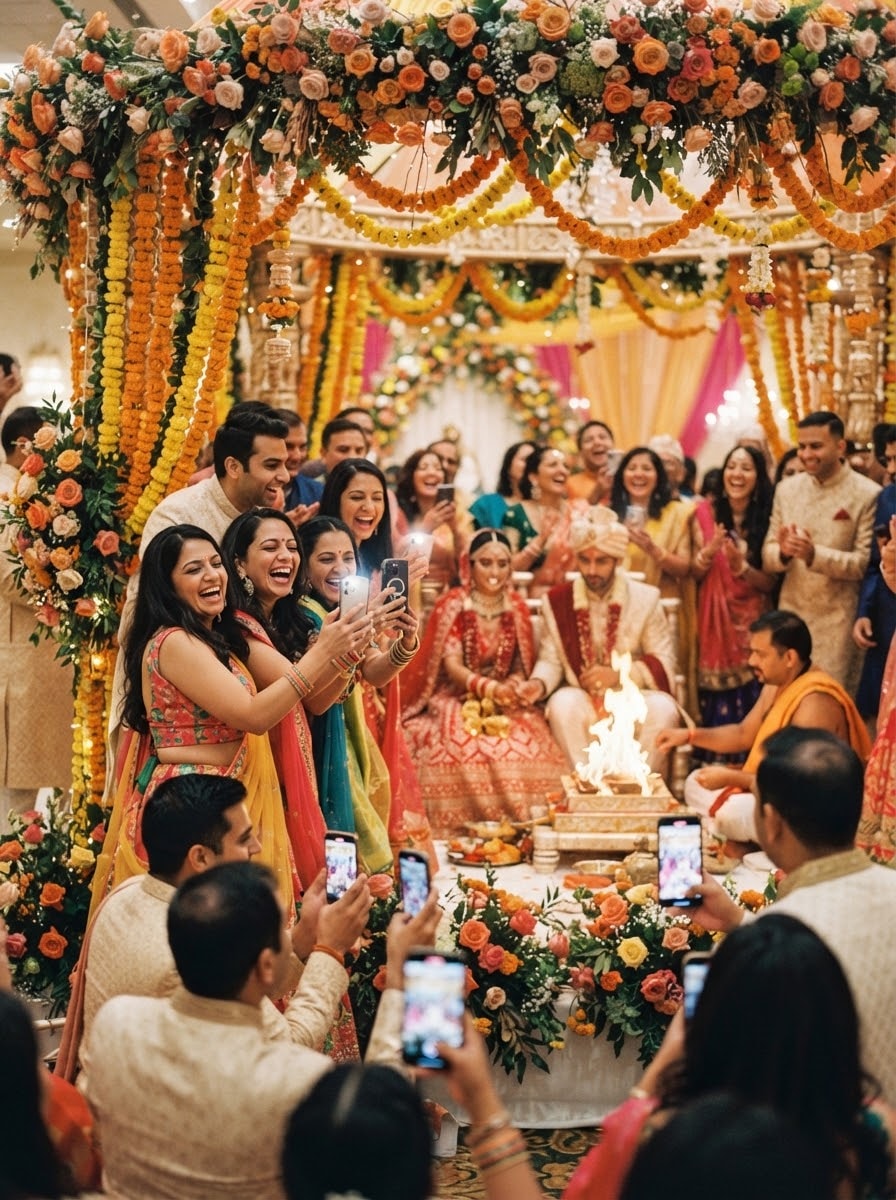 Wedding guests laughing and taking phone photos under a marigold-draped mandap