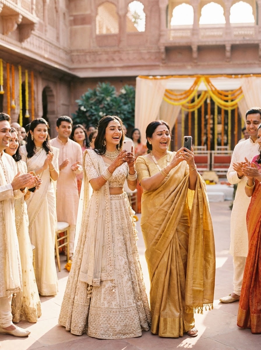 Two guests laughing as they film the ceremony on their phones in a sandstone courtyard